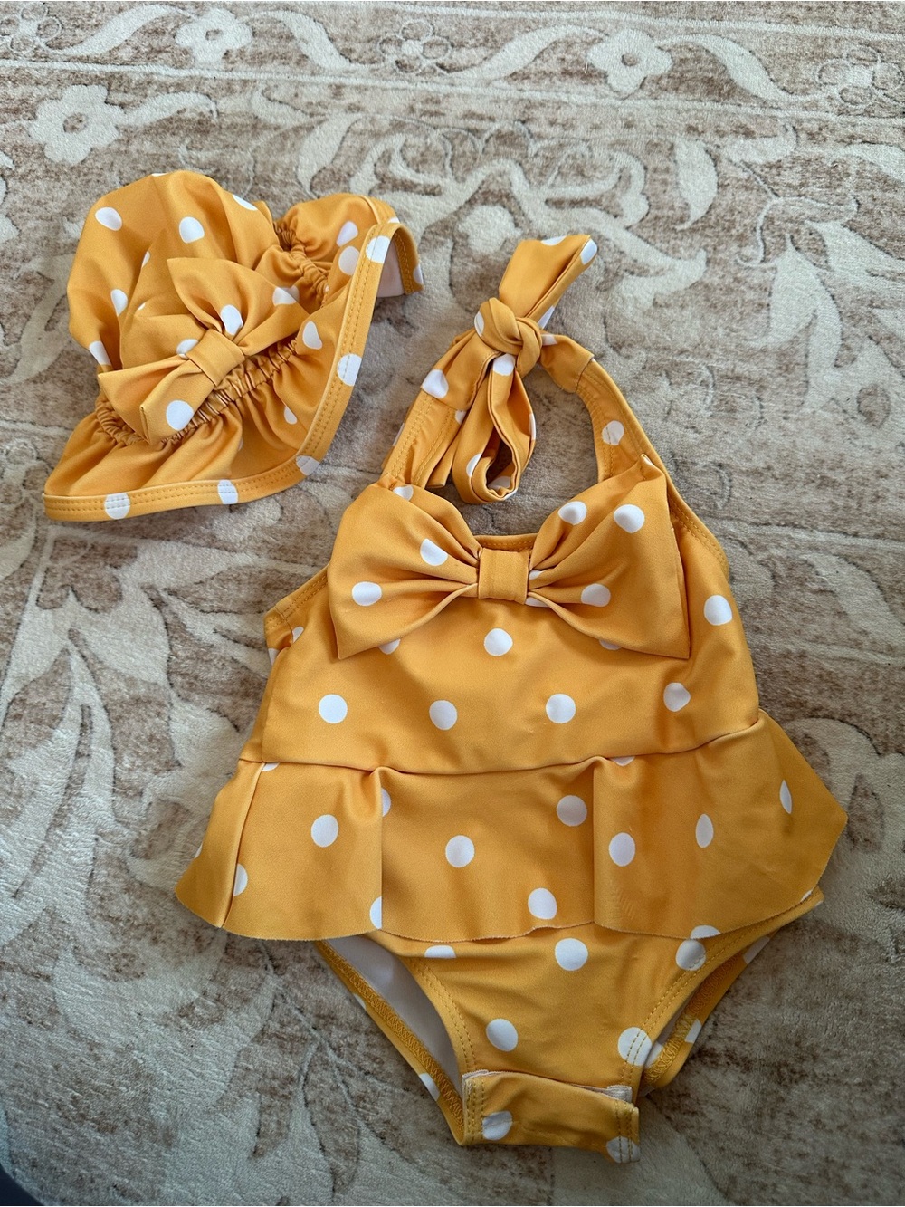 Girls Yellow Polka Dot Swimsuit with Bow & Matching Cap